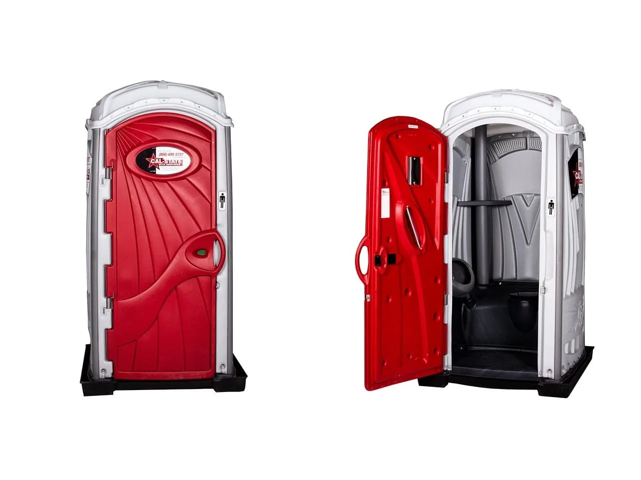 standard toilet rental from Cal-State Site Services - side-by-side view showing its front and open door to the interior